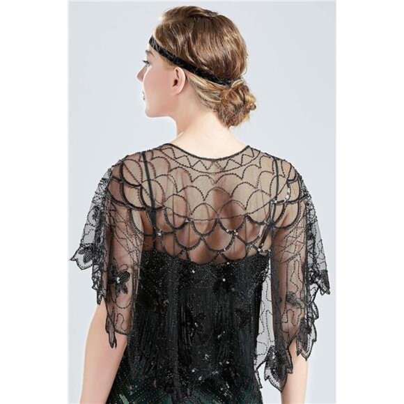Shawl Wraps Sequin Beaded Cape Black2 - Picture 3 of 6